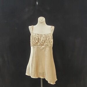 Vtg Self Esteem Y2K Satin Babydoll Top‎ XL Fairy Gold Asymmetric Beaded Princess